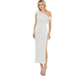 NEW Mac Duggal White Feather Trim One-Shoulder Cocktail Midi Dress Size 12 $298